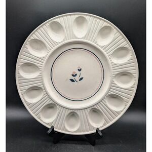 Pottery Craft Ceramic Deviled Egg Platter‎ Floral Ribbed Cream 12 Wells USA